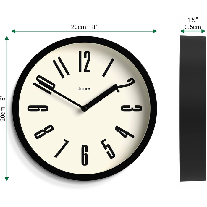 JONES CLOCKS® Hot Tub Wall Clock | Small Retro Round Clock | 20cm | Easy-to-read numbers | Ideal for kitchen, office, kids' room, or any small space (Black)