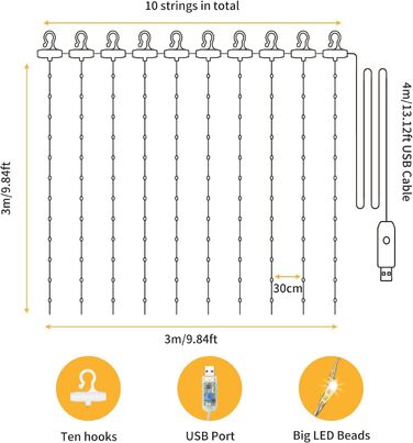 Лампочки-завіса USB Hoteril 3x3м, 300 LED, 8 режимів, пульт, таймер, IP65, для декору, вечірки, кімнати (тепле світло)