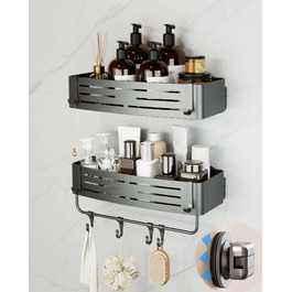 Набір з 2 полиць для душу Onemake з присосками, без свердління, сірого кольору. Дзеркальний кутовий органайзер для ванної кімнати з 6 гачками та рушником.