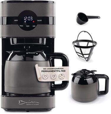 Кавомашина Barista Filterkaffeemaschine з регульованим млинком та термосклом | Функція підігріву, таймер 24г та постійний фільтр | На 10 чашок кави | Кавоварка для зерен та меленої кави [Нержавіюча сталь] (11) Сіра