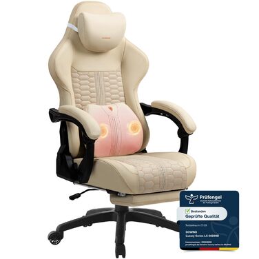 Ігровий крісло Dowinx Big and Tall з масажем попереку, підставка для ніг, ергономічне, PU шкіра, 180 кг (Бежевий)