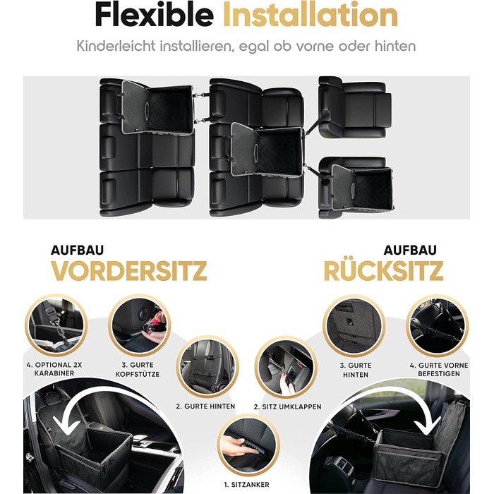 Автокрісло для собак HELDENWERK Extra Stabiler - Водонепроникне, з 5 ременями, для заднього та переднього сидіння (Чорно-сіре, стандартне)