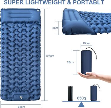 YOUXIU Self-Inflating Camping Mat - Ultralight Sleeping Pad with Foot Pump - Waterproof Travel Mat for Hiking & Tent Use - Blue