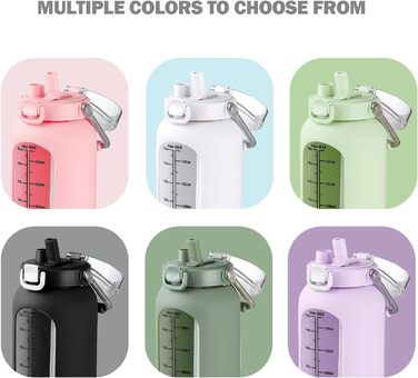 BLUEGO 2000ml Glass Water Bottle with Stainless Steel Handle and Time Marker 2L Motivation Glass Dryer with Silicone Sleeve and Straw for Gym, Office, Outdoors, Sports Water Bottles BPA-free, (Pink)