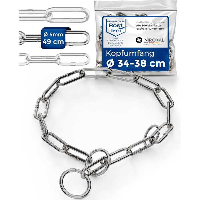 Нашийник для собак з обхватом голови 49-53 см, нержавіюча сталь V4A, ланцюговий нашийник з запобіжником, довгі ланки 5 мм, загальна довжина 64 см