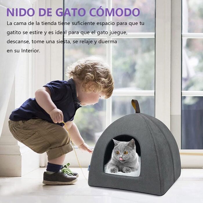 Кішка Будиночок-ліжко, м'який будиночок для котів, м'яке тепле плюшеве ліжко для котів, гніздо для котів з виймальним внутрішнім подушкою, сірий, розмір S