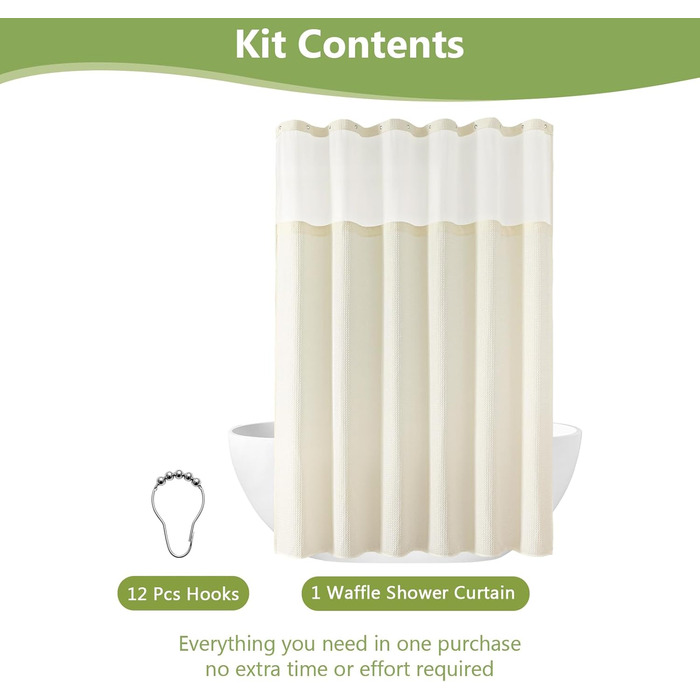 Шторка для душу з тканини вафельного плетіння, важка, водонепроникна, з TPU-покриттям, з сітчастим вікном, готельний стиль, 2 гачки, (Зелений, 83 x 83 см)