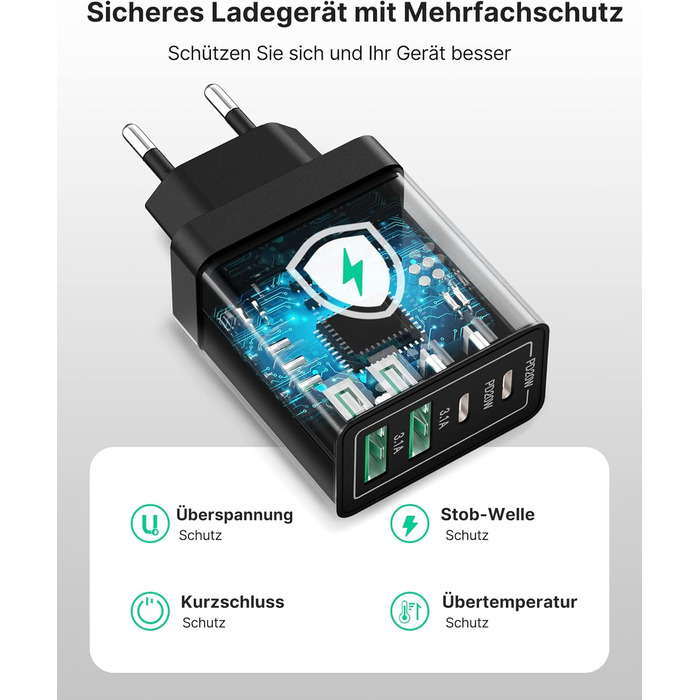 Зарядний пристрій Aioneus USB-C 40W, 4 порти PD 3.0 + QC USB-A, швидка зарядка для iPhone 15 Pro Max, Samsung та інших смартфонів - Чорний