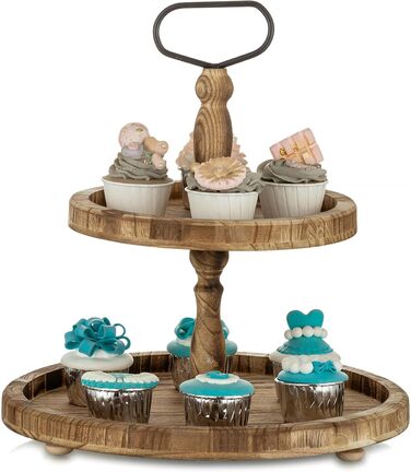 Двоярусна підставка для тортів NUPTIO з дерева, дерев'яна підставка для чаювання, рустикальна підставка для тортів у стилі ферми, солодкий стійкий стійка з металевою ручкою для весілля, дня народження, Різдва, Хелловіна, вечірки, світло-коричнева