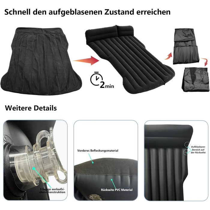 Надувний матрац для авто, SUV, багажник, для кемпінгу та подорожей, чорний