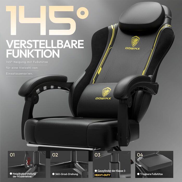 Ігровий крісло Dowinx з PU-шкіри, ергономічний, з підтримкою попереку, для ПК, жовтий, до 150 кг