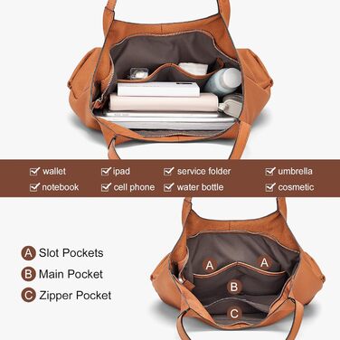 Шкіряна сумка-шопер Cnoles для жінок, велика сумка-тоут на плече для офісу, школи, покупок, коричнева 39x12x28.5 см