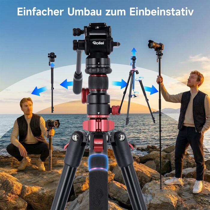Відеоштатив Rollei Compact Traveler No.2 XL (212 см) з гідравлічною головою, виносним плечем та моноподом, алюмінієвий