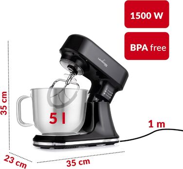 Кухонна машина Lehmann з дисплеєм, 12 швидкостей, функція ферментації з підігрівом, вбудована вага, таймер, міксер з 3 насадками та 5л чашею