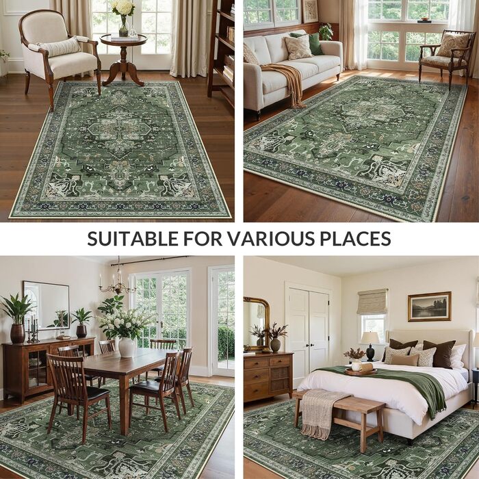 Килим GENIMO Boho Vintage 160x230 см, короткий ворс, антиковзаючі, для вітальні, спальні, їдальні, офісу, салатовий, геометричний, прямокутний