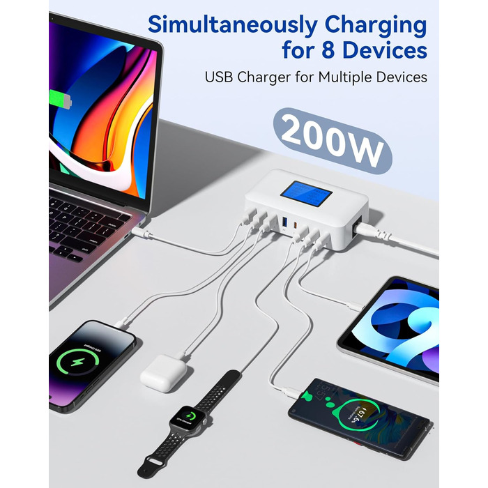 Зарядний пристрій USB-C 200W, 8 портів, LCD-дисплей, PD 65W для MacBook, iPad, iPhone 16/15/14/13 Pro/Max, Samsung S24/S23 - Чорний