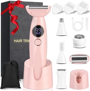 Електричний жіночий тример 5-в-1 для тіла, бікіні, брів та носа, з USB-станцією, білий (рожевий)