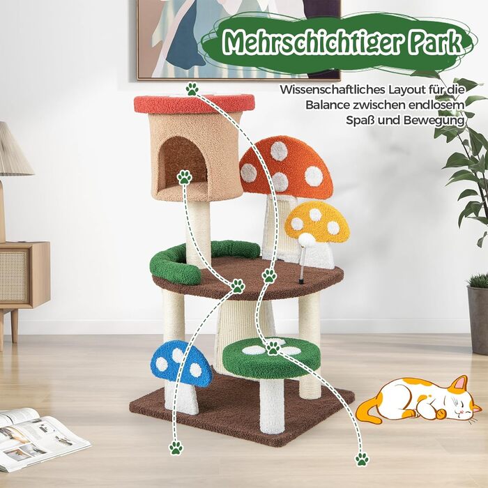 Дерев'яний кігтечка для котів COSTWAY з печеринами та платформою, з сизалевим покриттям, 59x48x102 см, кольоровий