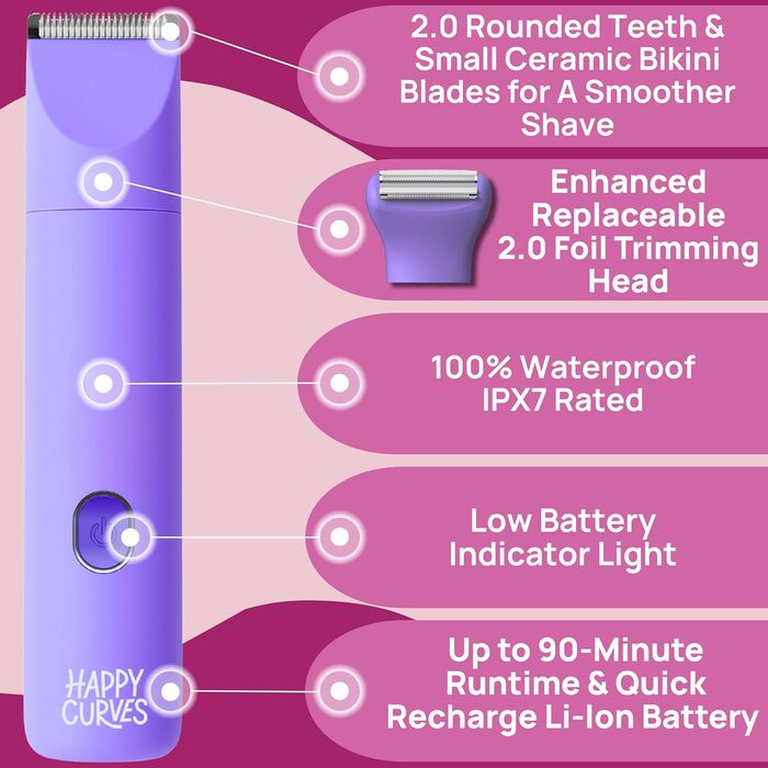 Електричний тример для бікіні HAPPY CURVES Smoothie 2.0 - водонепроникний жіночий тример для тіла з регульованими насадками