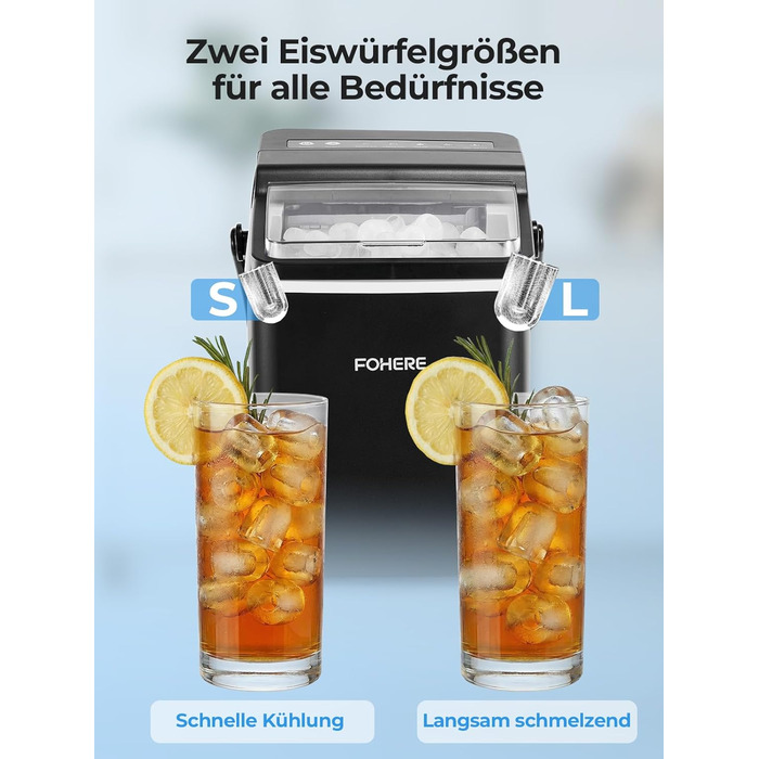 Машина для приготування льоду FOHERE з ручкою, 14 кг/24 год, 9 кубиків льоду за 5 хвилин, 2 розміри, самоочищення, портативна з лопаткою та кошиком – ідеальна для дому, кухні, офісу, кемпінгу, вечірки, RV