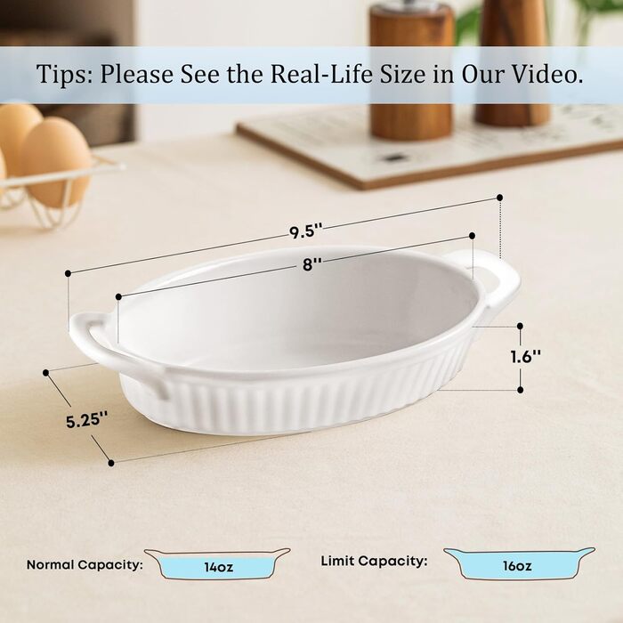 Frewinky Au Gratin Casserole Dish Set, Ceramic, with Handles, Heat-Resistant, Mini Casserole Dishes for Oven, Oval Porcelain Baking Dishes for Gratin, Casseroles and Roasting, 4-Piece Set, White 4 PCS White (Soft White)