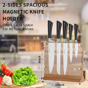 SANHUI 6-Piece Knife Set with 5 Stainless Steel Kitchen Knives and 1 Acacia Wood Magnetic Knife Block – the perfect stylish and beautiful kitchen knife set