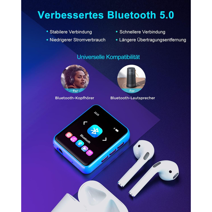 MP3 плеєр 32GB Bluetooth 5.0 з сенсорним екраном, Hi-Fi звук, металевий корпус, радіо, диктофон, підтримка до 128GB - блакитний