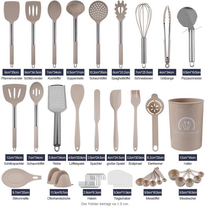 Набір кухонних аксесуарів 45 шт. з нержавіючої сталі: лопатки, ложки, скребки. Ідеальний для кухонного начиння та подарунків. (Хакі, 2)