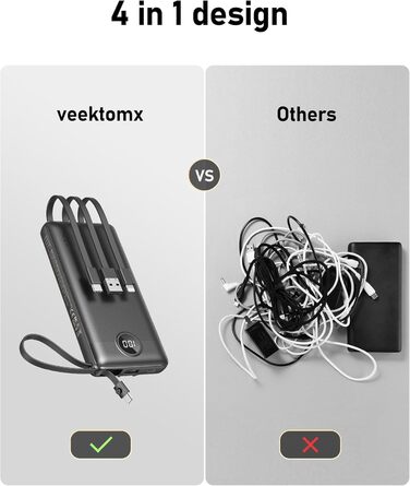 Power Bank 10000mAh з 5 виходами та 2 входами, LED дисплеєм та вбудованими кабелями. Сумісний з iPhone, iPad, Samsung, Xiaomi, Google Pixel. Чорний