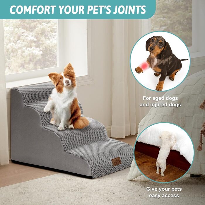 Сходинки для собак маленьких порід 50 см, сходи для домашніх тварин на ліжко з високощільним губчастим матеріалом, сходи для собак, пандус для собак з пральним покриттям та неслизьким дном, 40x72x50 см, 4 сходинки, сірий колір