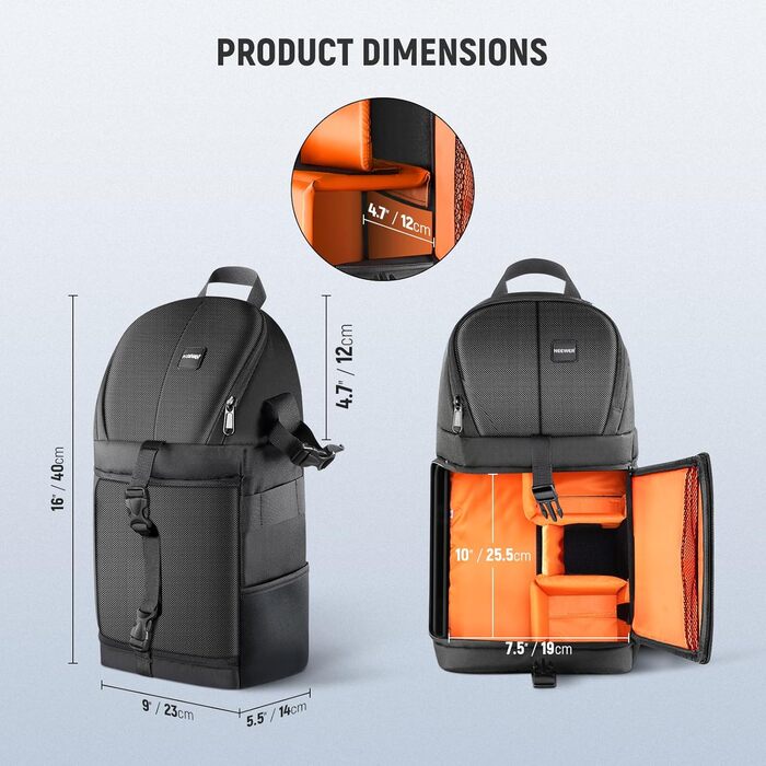 NEEWER Рюкзак для камери Profi з міцними петлями для DSLR, об'єктивів, штатива та аксесуарів. Водостійкий, з міцними швами та м'якими перегородками (Оранжевий інтер'єр) NW-XJB02S