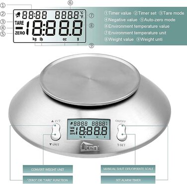 Кухонні ваги Uten Digital з мискою, 5 кг, нержавіюча сталь, функція тарування, LCD-дисплей, таймер, для випічки та приготування