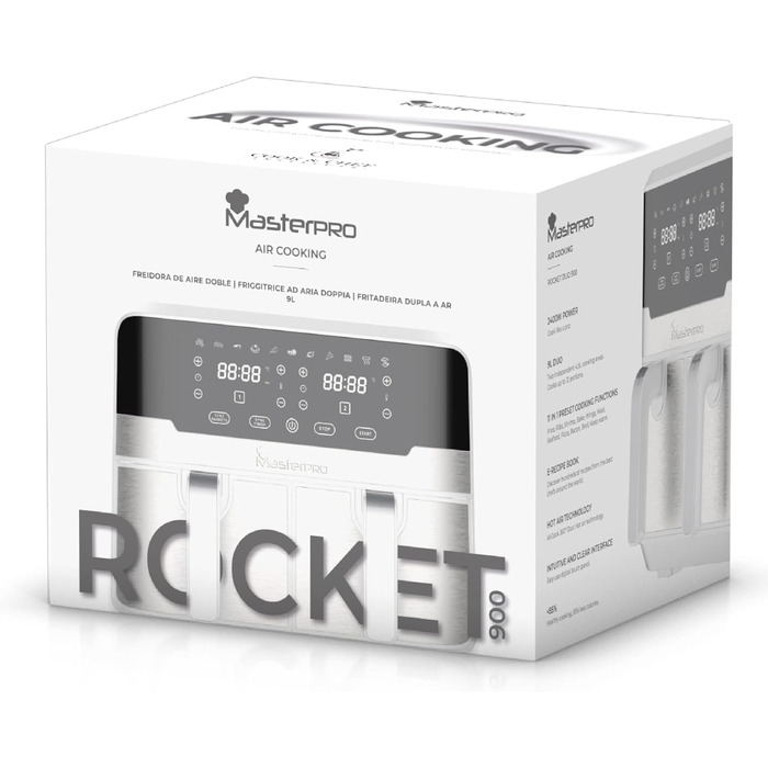 Аерофритюрниця MasterPRO Rocket Duo 900, 9 л, 2400 Вт, подвійна чаша, біла, 11 програм, LED-дисплей, антипригарна корзина