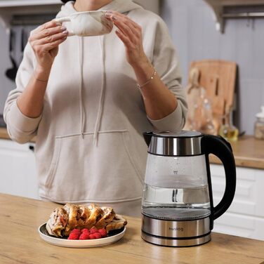 Електричний чайник-термос з подвійними стінками 1.7л, 2200W, швидке кип'ятіння, тихий та безпечний, бездротовий з 360° підставкою, знімною кришкою, точним носиком (скло, 1.7 літра)