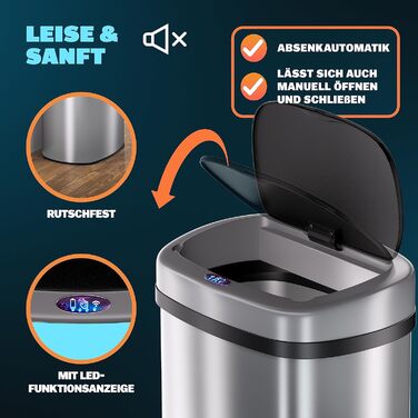 Monzana Sensor Trash Can - 58L Automatic Kitchen Waste Bin with Motion Sensor, Soft-Close Lid, Waterproof, Smart USB Rechargeable - Silver