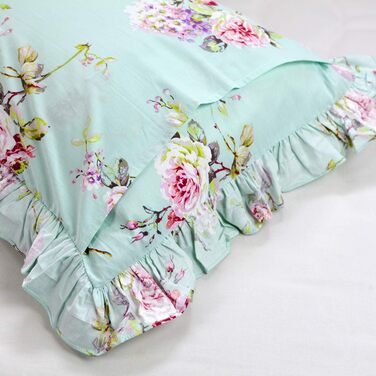 FADFAY Pillow Covers in Farmhouse Style, Roses and Hydrangeas Blue-Green, Striped, Elegant Country Style, 100% Cotton, Vintage Style, Lace, Ruffles, Bedding, Pillowcases, exquisite