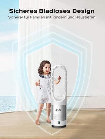 Турбовентилятор IcyAir з дистанційним керуванням, безлопатевий вентилятор 35 дБ, 90° гойдання, 8 швидкостей, таймер 9 годин, захист від дітей, LED-дисплей, тихий вентилятор для спальні, легко чистити, білий + сріблястий