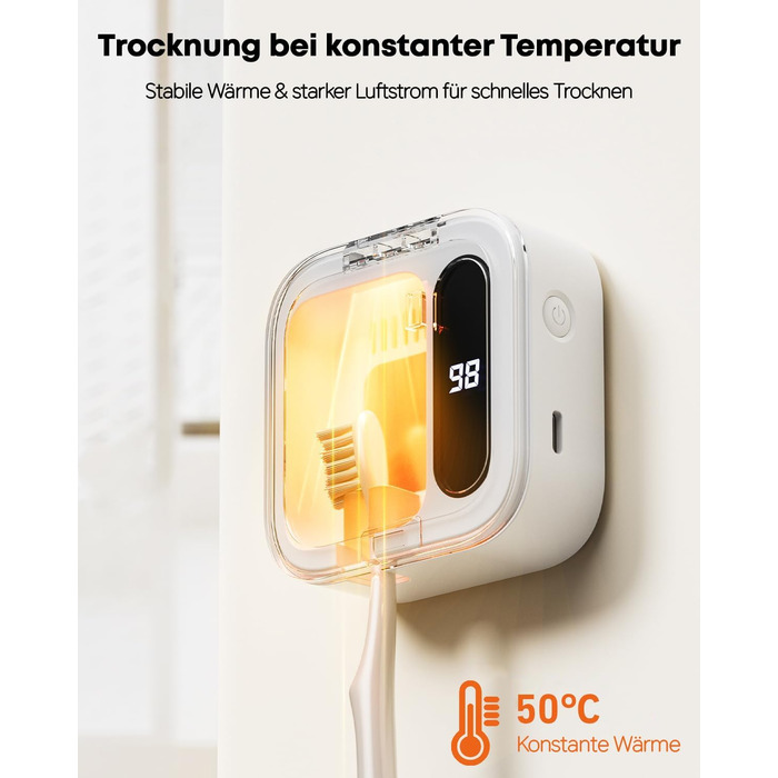 Стерилізатор зубних щіток UV-C та UV-A, настінний тримач з функцією сушіння повітрям, для ванної кімнати, дому та подорожей (білий)