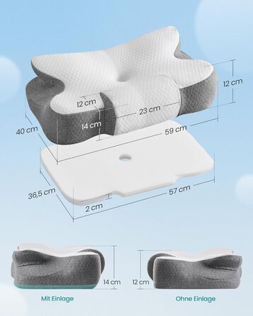 Подушка SONGMICS ергономічна з Memory Foam, висота регулюється, для сну на боці, спині та животі, колір: білий + сірий, поліестер