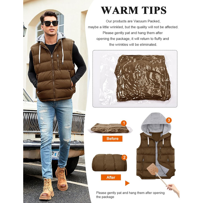 Чоловіча степкова жилетка Vancavoo з капюшоном, тепла зимова жилетка для активного відпочинку, спортивна жилетка, перехідна куртка, колір кава, розмір S