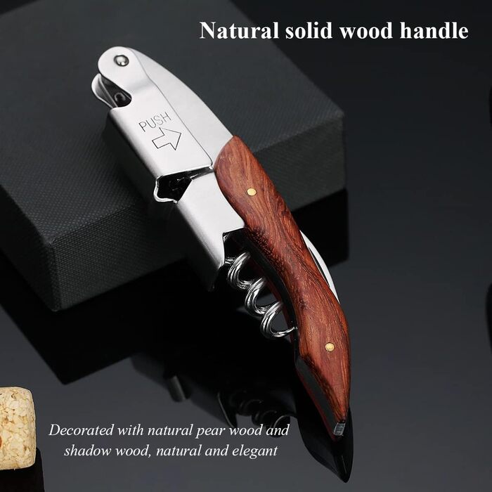 Kyraton Відкривачка для вина 3-в-1 з різаком для фольги, нержавіюча сталь, дерев'яний грифель, професійна для барів та ресторанів, набір (1 шт.)