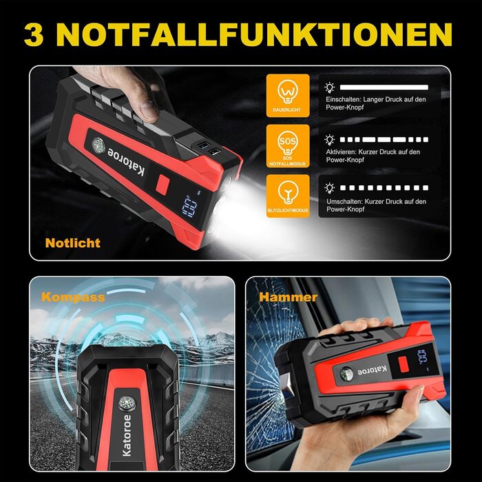 Powerbank Starthilfe 4000A: Зарядний пристрій для авто, SUV та мотоциклів з LED ліхтариком. Підходить для бензинових двигунів до 9.0L та дизельних до 7.0L