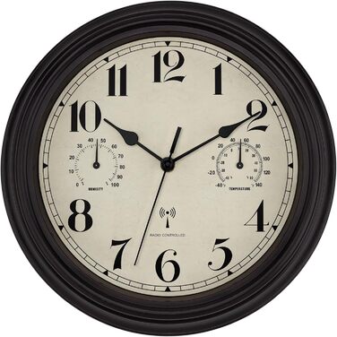 Foxtop Funk Wall Clock, Indoor Outdoor Weatherproof Wall Clock with Temperature Display and Hygrometer, No Ticking Sounds Silent Retro Clock for Terrace Bathroom Kitchen Living Room Home Decor (Bronze, 30cm)