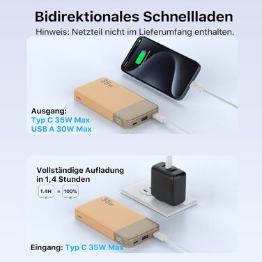 Power Bank Nobis 35W 10000mAh з двома USB-C, USB-A та цифровим дисплеєм (Оранжевий)