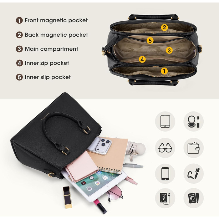 Сумка жіноча RAINSMORE середнього розміру з PU шкіри, чорна. З ручкою та знімним ременем, для планшета 11 дюймів, для роботи та шопінгу