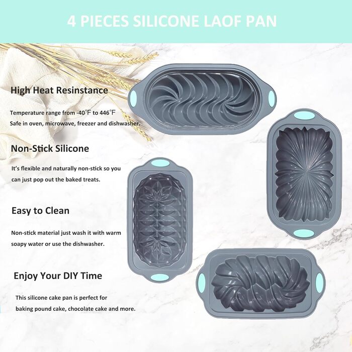 Tongde 4-Piece Silicone Loaf Pan Set for Baking Bread, Non-Stick Kitchen Oven Bread Mold, Perfect for Banana Bread, Sandwich Bread, Pound Cake, and Meatloaf, 6 Cup, Grey