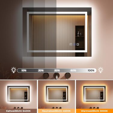 Дзеркало для ванної кімнати з підсвічуванням 60x50x3,5 см, LED, 6400K, біле світло, економія енергії, вертикальне/горизонтальне кріплення, антизапар, 3 колірні температури