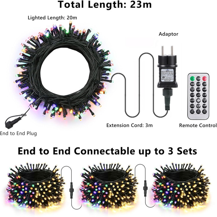 Ланцюжок прикрас Joomer 200 LED, 20 метрів, на батарейках з таймером, 8 режимів, вологостійкий, для декорування ялинки, саду, вечірки, шлюбу, внутрішнього та зовнішнього використання, тепле біле світло, зелений кабель