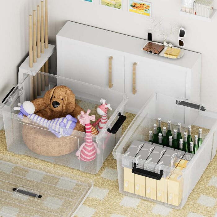 Cetomo Storage Boxes, Portable Plastic Boxes with Lids, Organizer Containers with Handle and Clips, Stackable, Nesting, for Home and Office, Transparent, 90L-3 Pack (35L*4)