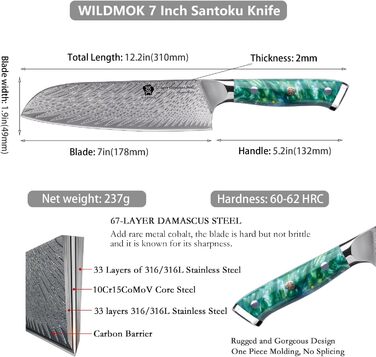 Японський кухонний ніж Santoku WILDMOK 17 см, сталь VG10 Дамаск, зелена рукоятка, професійний ніж для кухні
